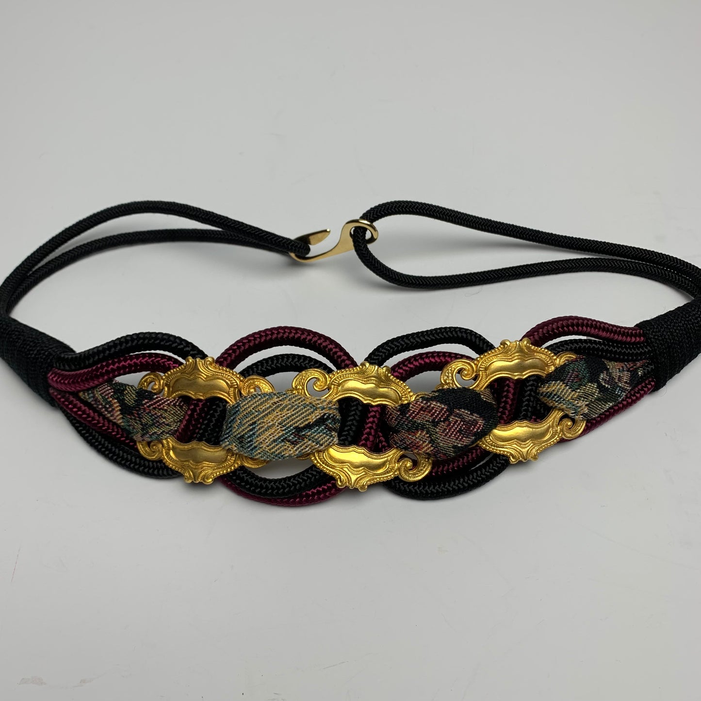 Vintage 80s Braided Rope Belt with Gold Accents and Tapestry Details