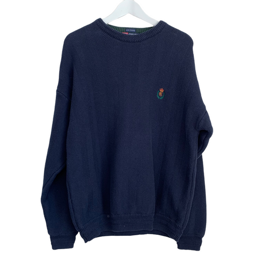 90s Chaps Ralph Lauren Collab Chunk Knit Grandpa Sweater Size Xl Navy Blue Cotton