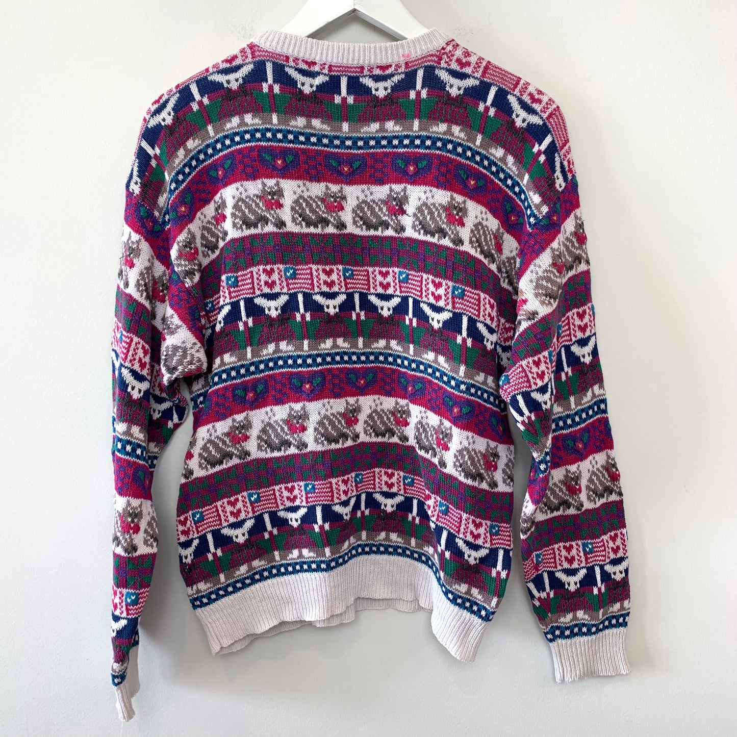 Vintage 90s Northern Isles Hand Embroidered Chunky Knit Sweater Cats, Flags, Hearts, Mouse Medium