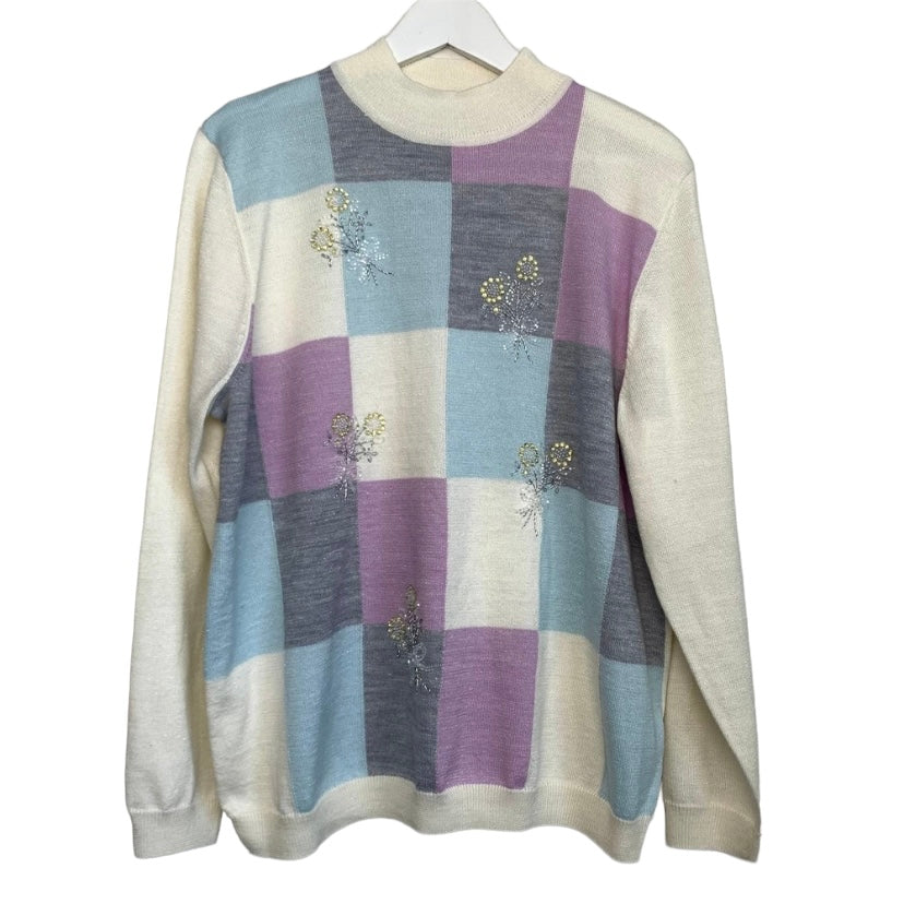 Alfred Dunner Patchwork Pastel Beaded Floral Mock Neck Sweater Knit Size XL