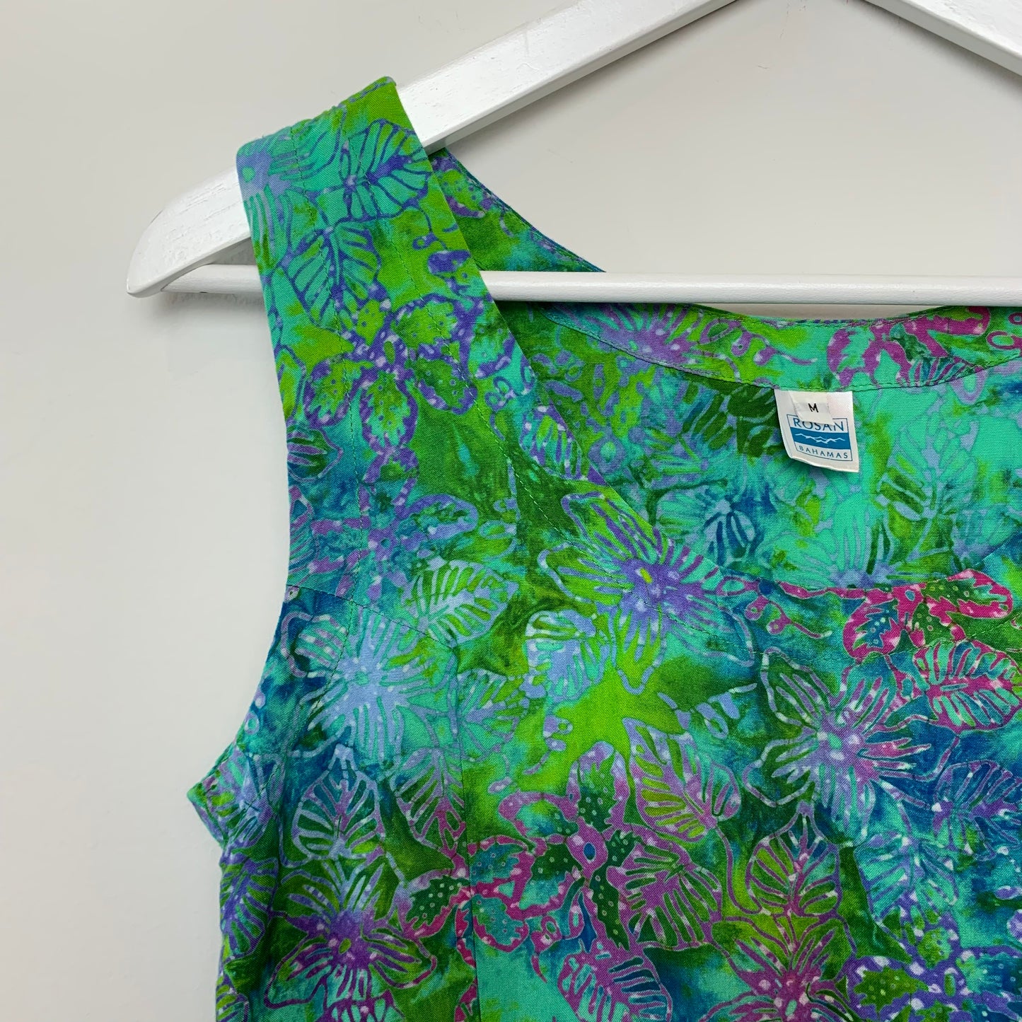 Retro Rosan Bahamas Sleeveless Dress with Blue Green Tie Dye and Floral Print Medium