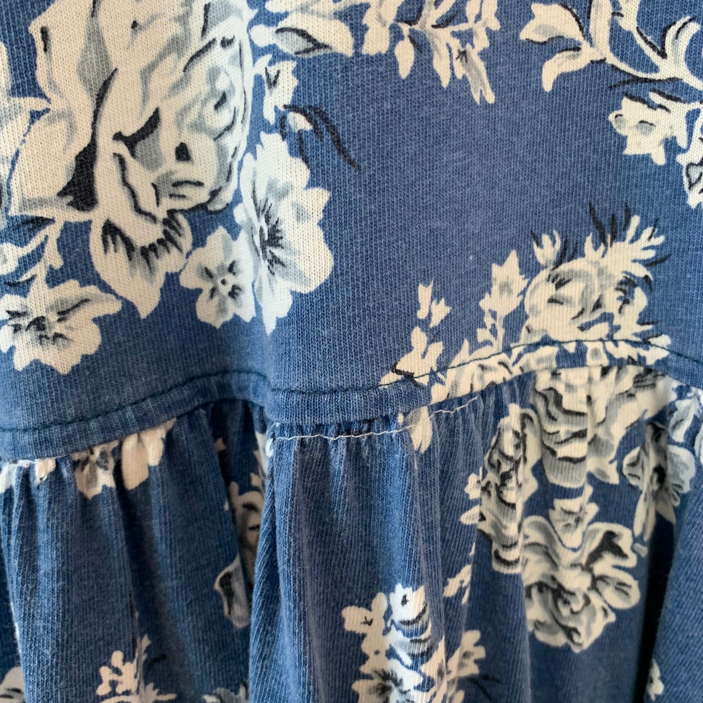 Vintage 1980s Erika Floral Dress Blue and White Midi Medium Cotton