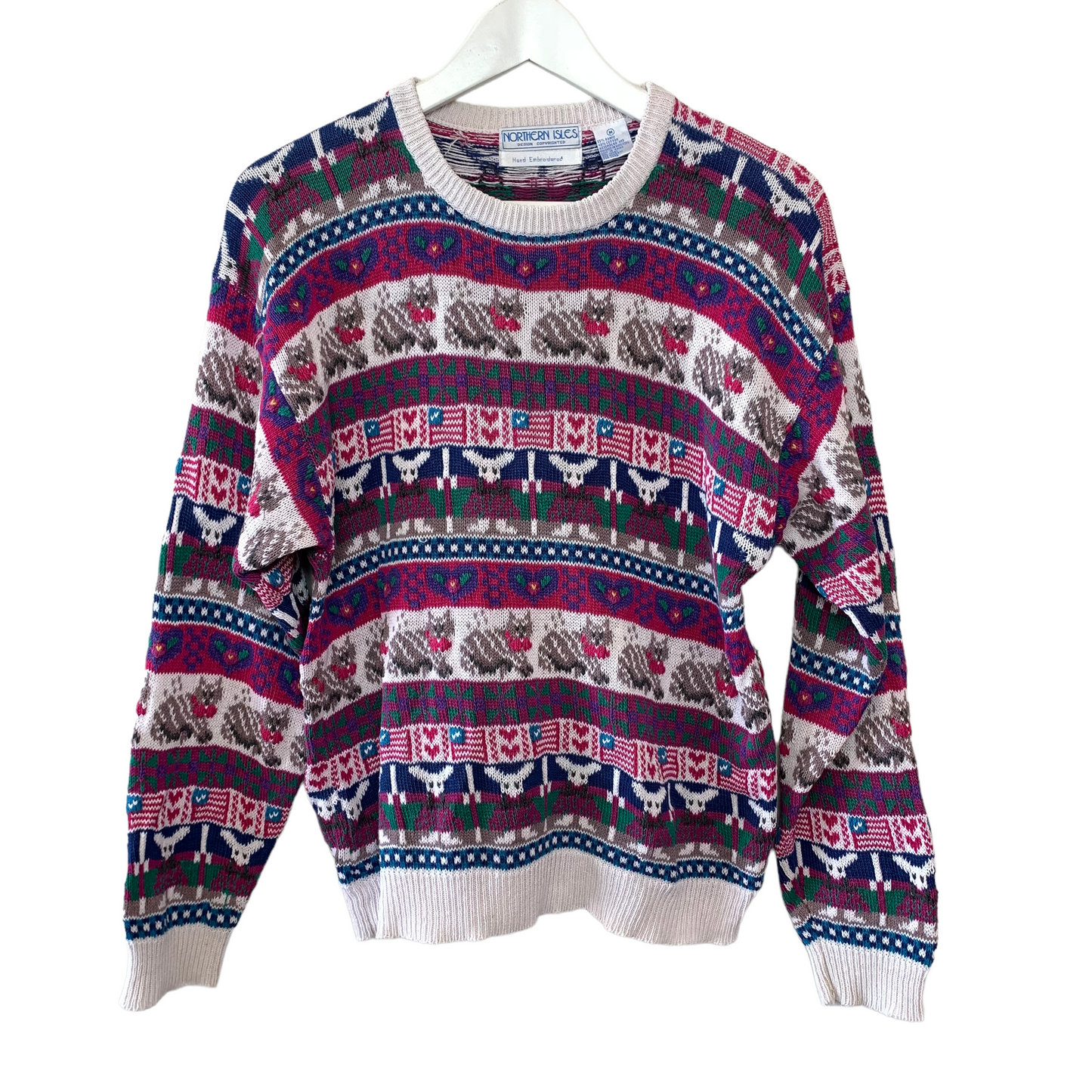 Vintage 90s Northern Isles Hand Embroidered Chunky Knit Sweater Cats, Flags, Hearts, Mouse Medium