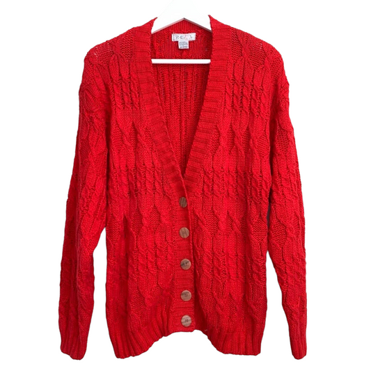 80s Baszio Red Chunky Knit Cardigan Sweater Button Down V Neck Large Cable