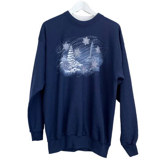 90s Morning Sun Winter Scene Crewneck Sweatshirt Size Large Snowflake