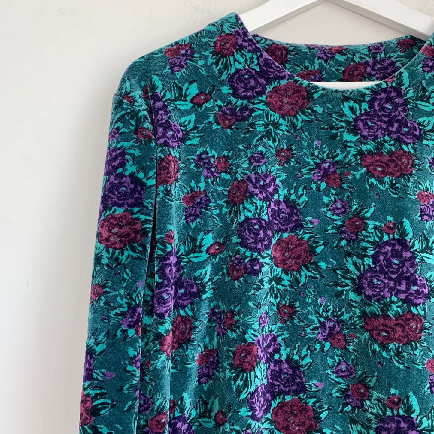 80s 90s SJB Sport Floral Velour Tunic Jewel Tone Size Small Green Blue Purple