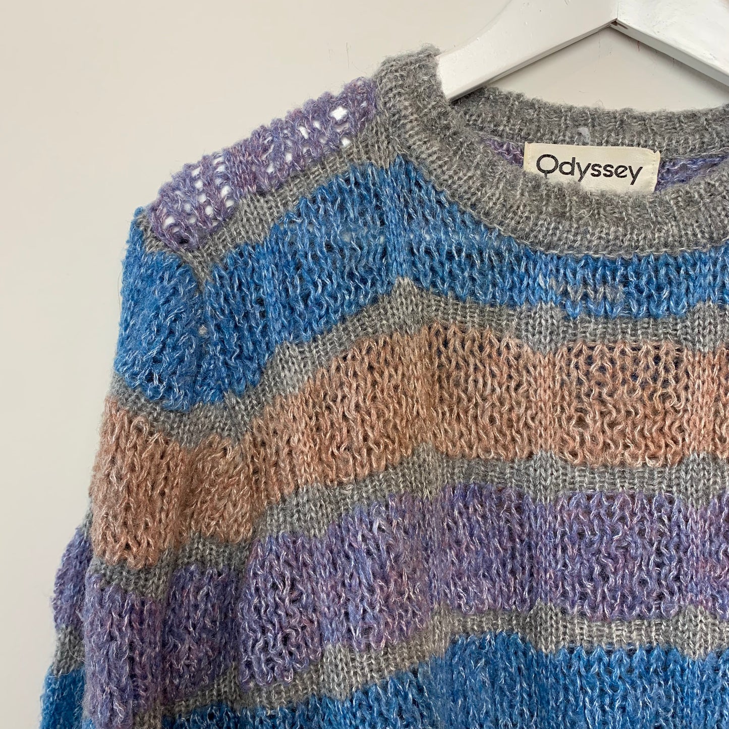 70s 80s Odyssey Open Knit Sweater Striped Pastel Spring Large