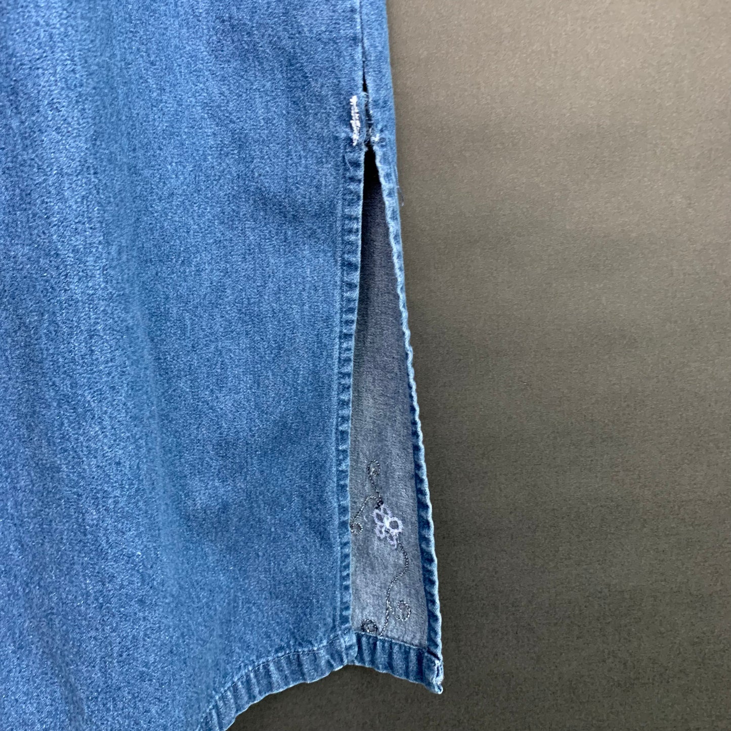 Vintage 90s Carolina Bay Denim Jean Jumper Maxi Dress with Embroidery XL