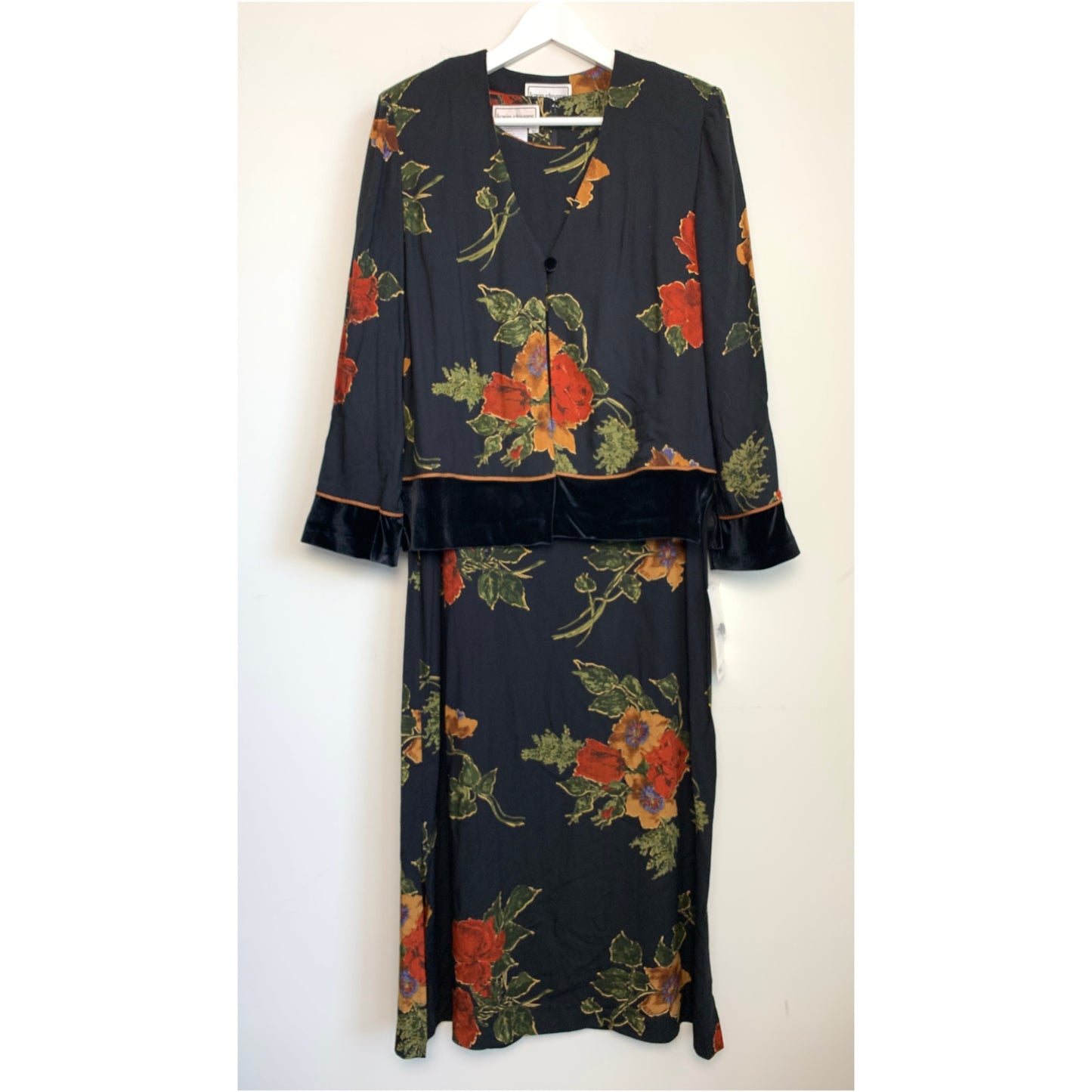 90s Karin Stevens New with Tags Maxi Dress with Matching Jacket Floral and Velvet Medium
