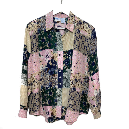 Vintage 90s Backroad Blues Silk Patchwork Blouse Medium