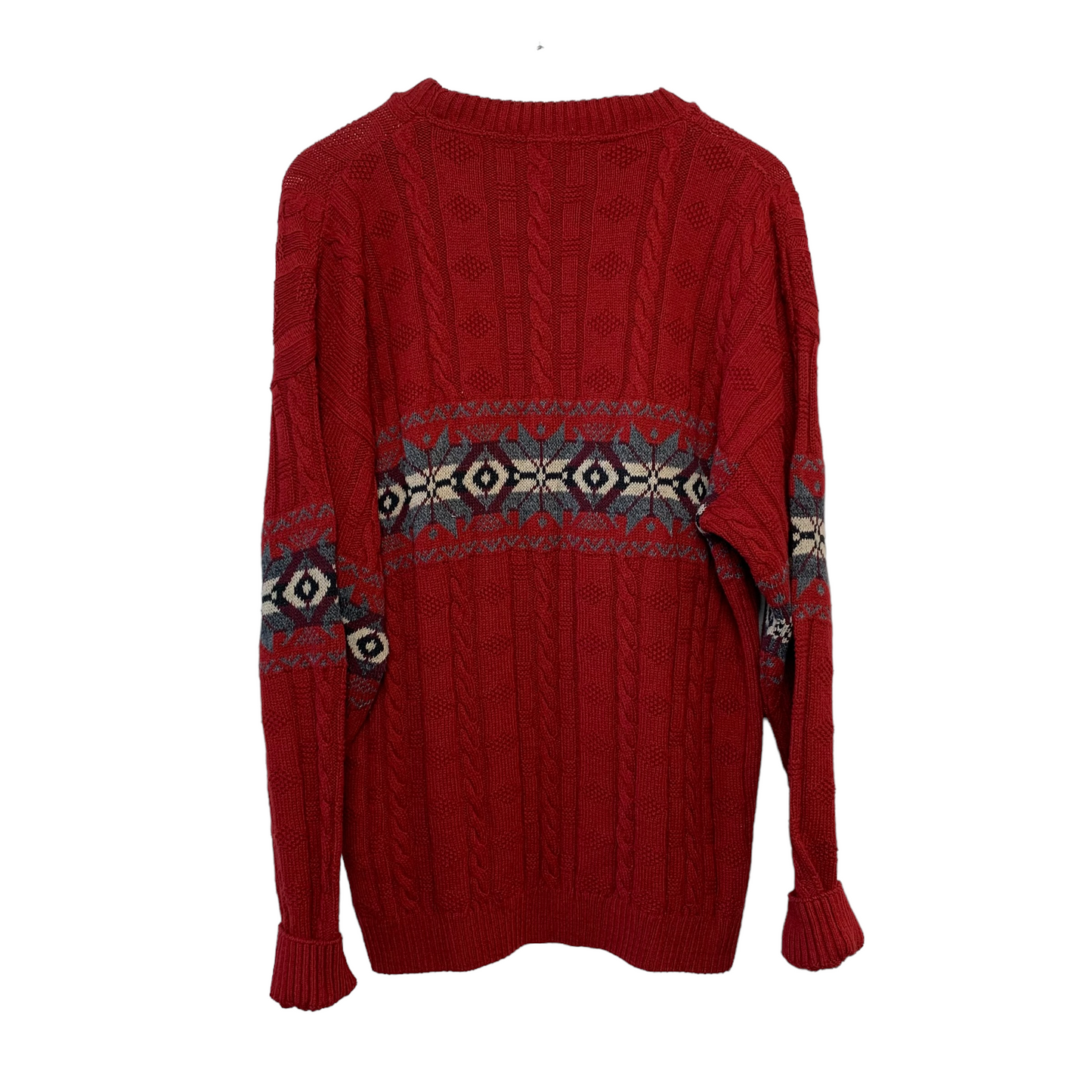 Vintage 90s Red Modern Images Chunky Knit Fair Isle Sweater Large Made in the USA