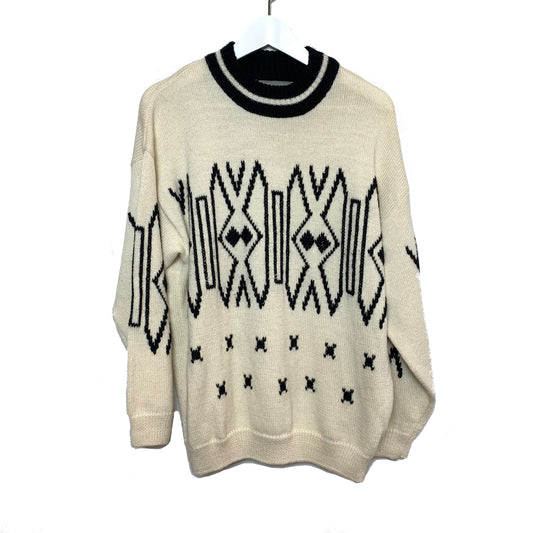 Vintage In Wear Mock Neck Pullover Sweater Cream and Black Medium Knit