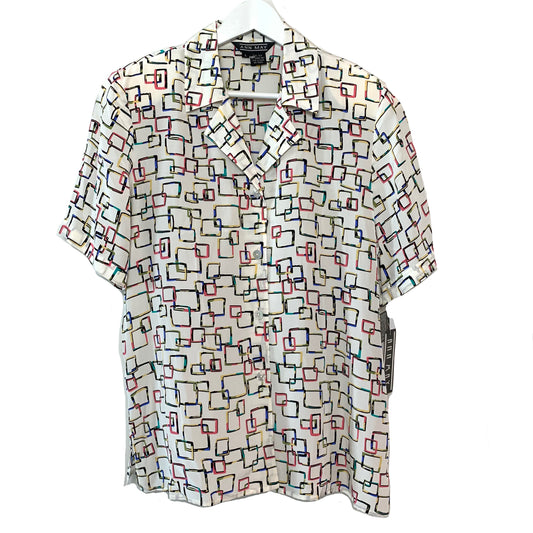 Vintage With Tags Ann May Geometric Print Silk Blouse Button Down Collared Shirt Large