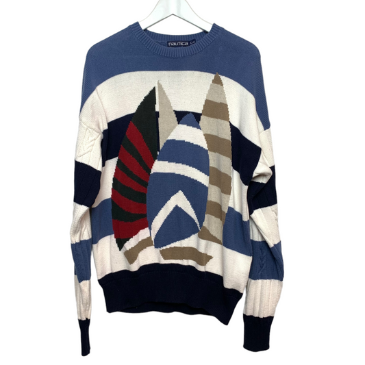 Vintage 90s Nautica Chunky Knit Grandpa Sweater Sail Boats Large