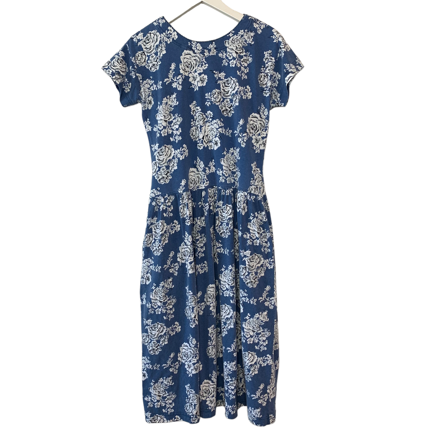 Vintage 1980s Erika Floral Dress Blue and White Midi Medium Cotton