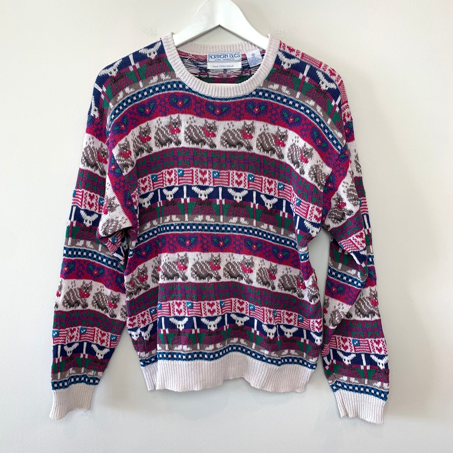 Vintage 90s Northern Isles Hand Embroidered Chunky Knit Sweater Cats, Flags, Hearts, Mouse Medium