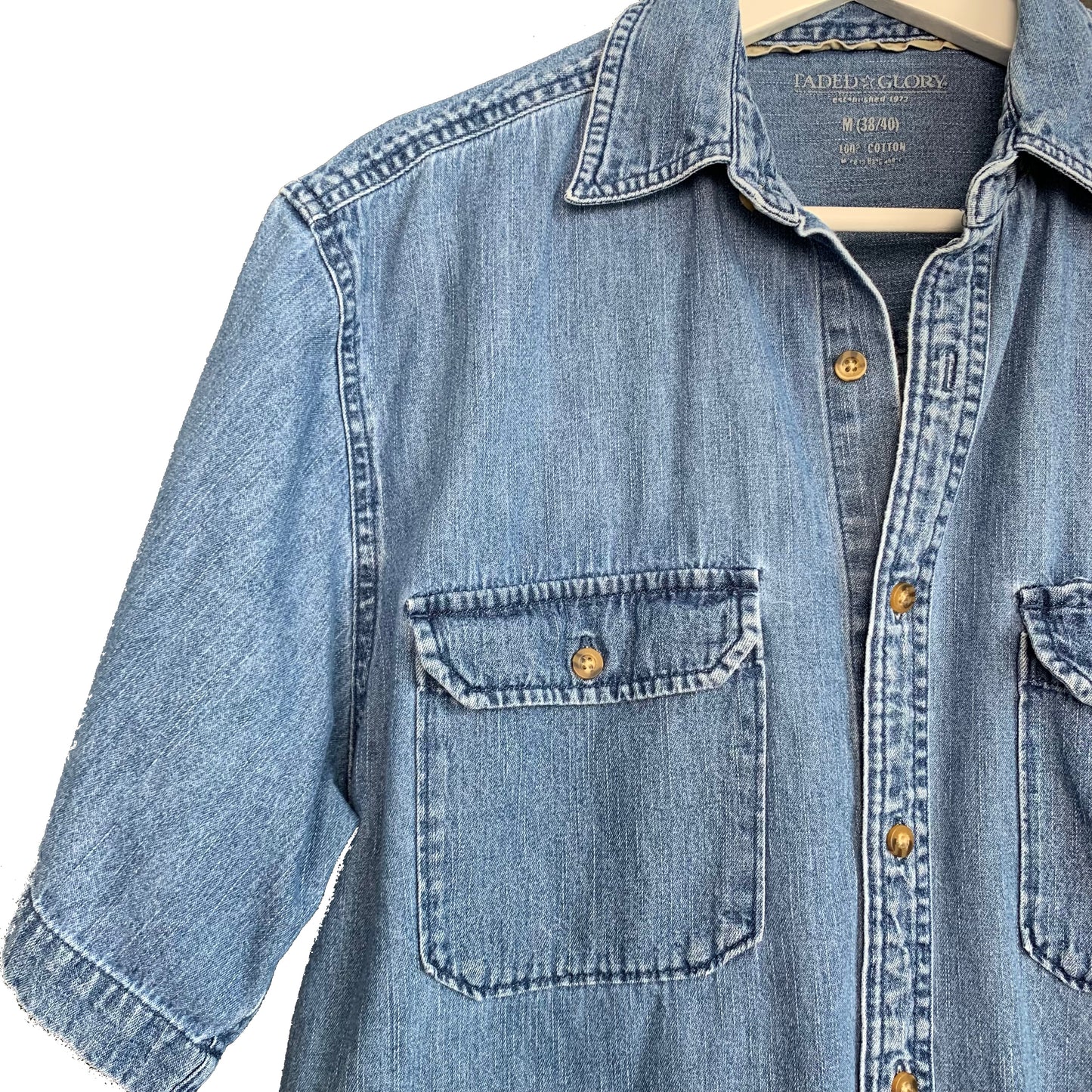 Vintage 90s Denim Jean Short Sleeve Button Down Shirt Medium Cotton