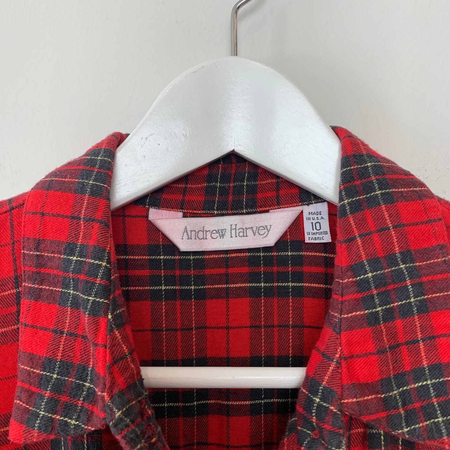 Vintage 90s Andrew Harvey Red Plaid Tartan Flannel Midi Dress Long Sleeve Shirt Dress 10
