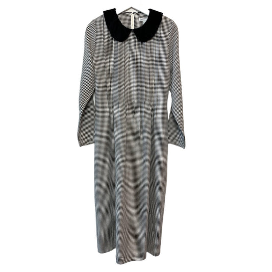 Vintage 80s 90s Stephanie Andrews Houndstooth Black and White Peter Pan Collar Midi Dress 6
