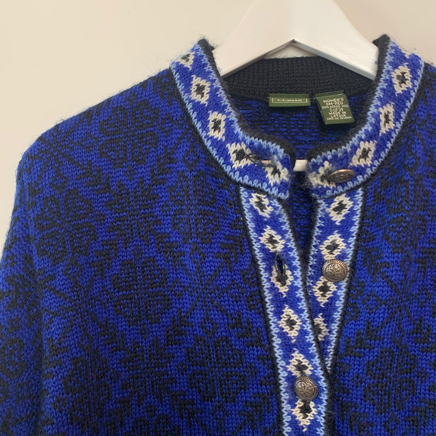 Vintage L.L. Bean Blue Wool Nordic Fair Isle Cardigan Sweater Small