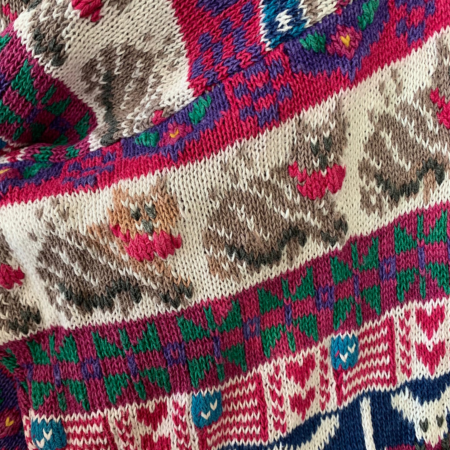 Vintage 90s Northern Isles Hand Embroidered Chunky Knit Sweater Cats, Flags, Hearts, Mouse Medium
