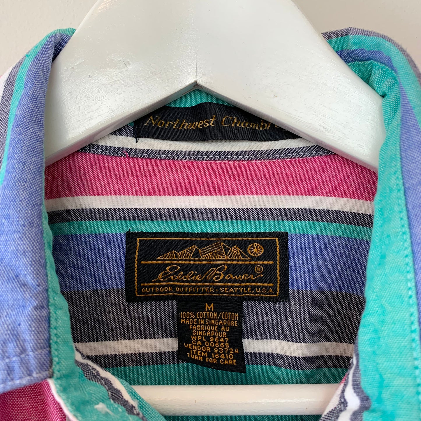 Vintage 90s Eddie Bauer Northwest Chambray Bold Striped Short Sleeve Button Down Cotton Medium