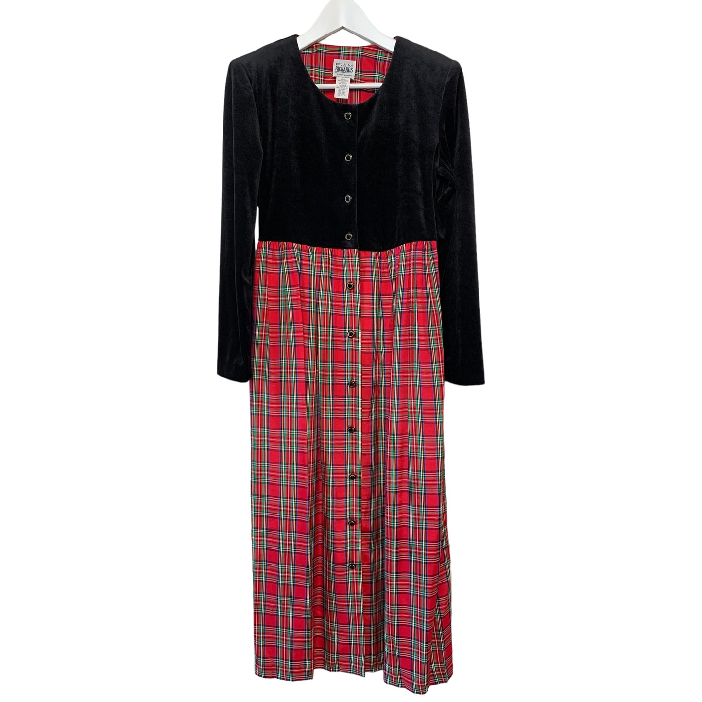Vintage 80s 90s R & M Richards Red and Black Plaid Midi Dress 6 Made in the USA