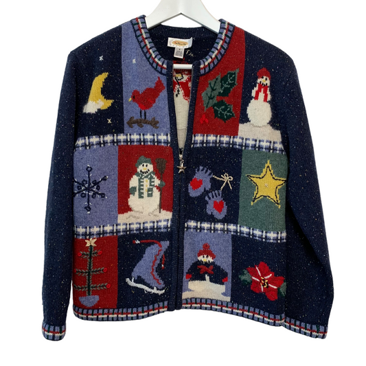 Vintage 90s Talbots Patchwork Christmas Winter Wool Cardigan Sweater Small Petite