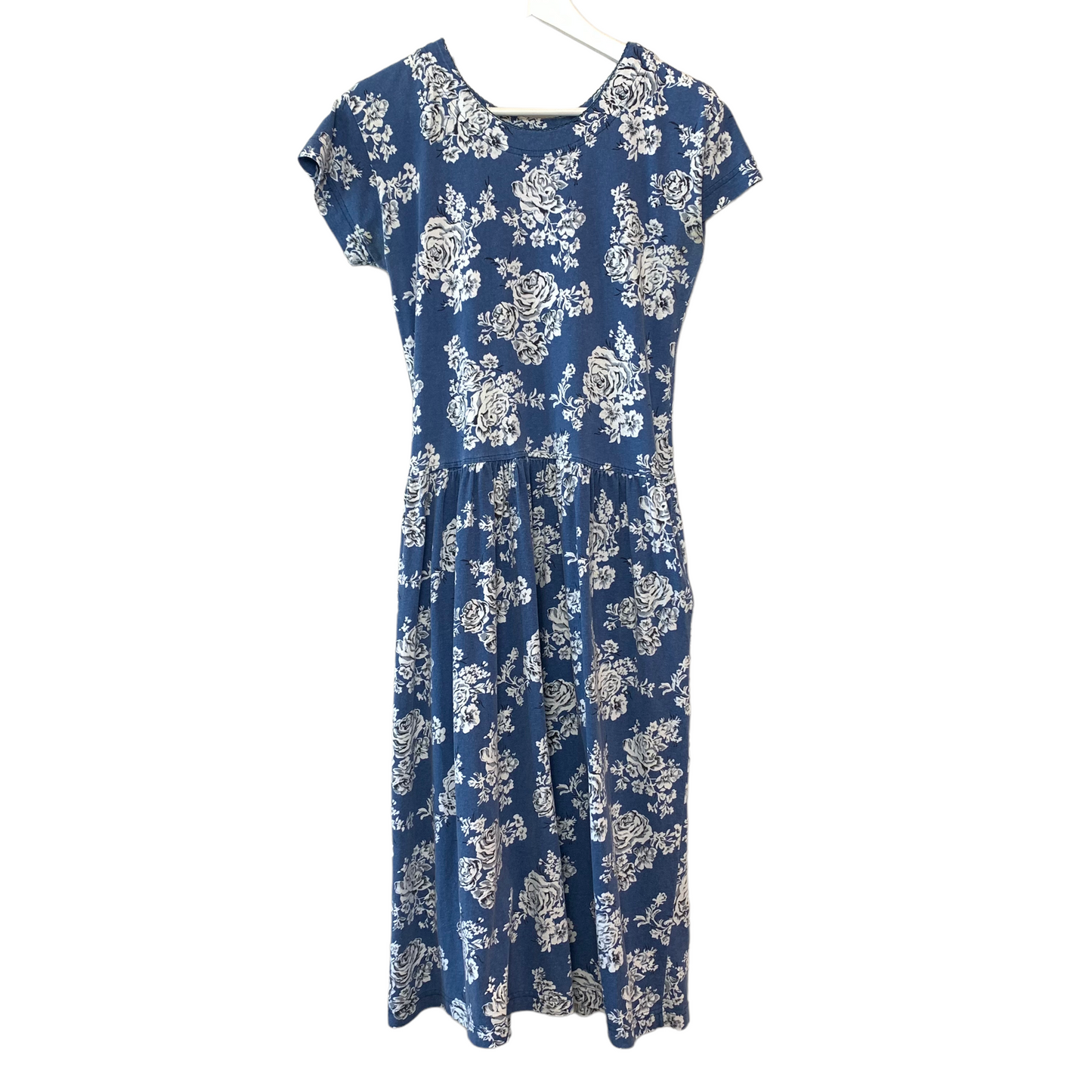 Vintage 1980s Erika Floral Dress Blue and White Midi Medium Cotton