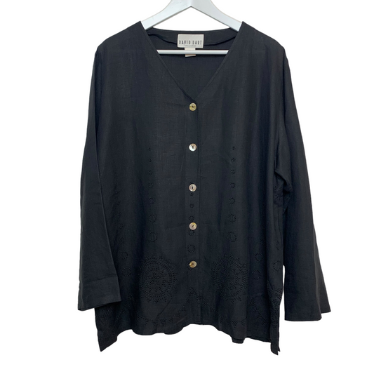 Vintage David Dart Black Linen Button Down Blouse Long Sleeve XL