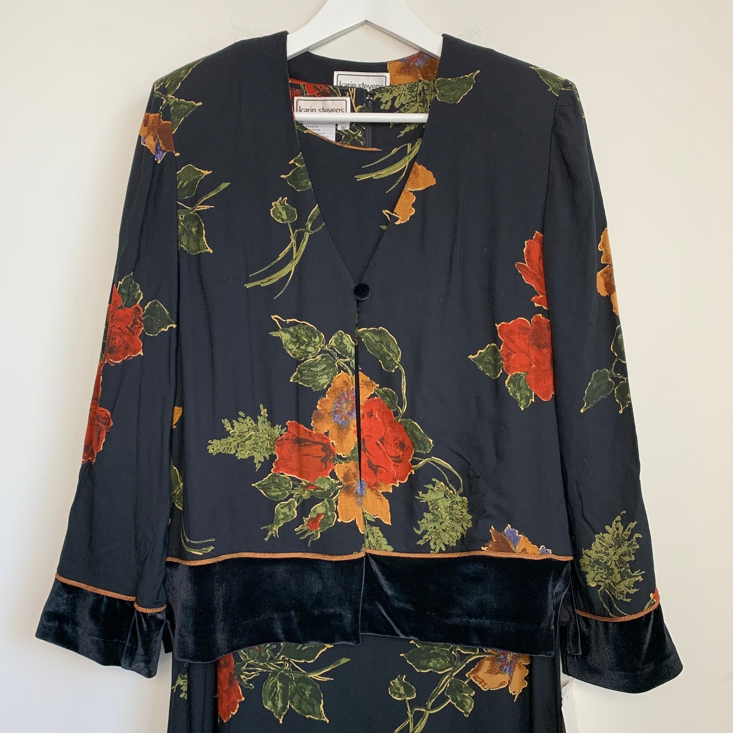 90s Karin Stevens New with Tags Maxi Dress with Matching Jacket Floral and Velvet Medium