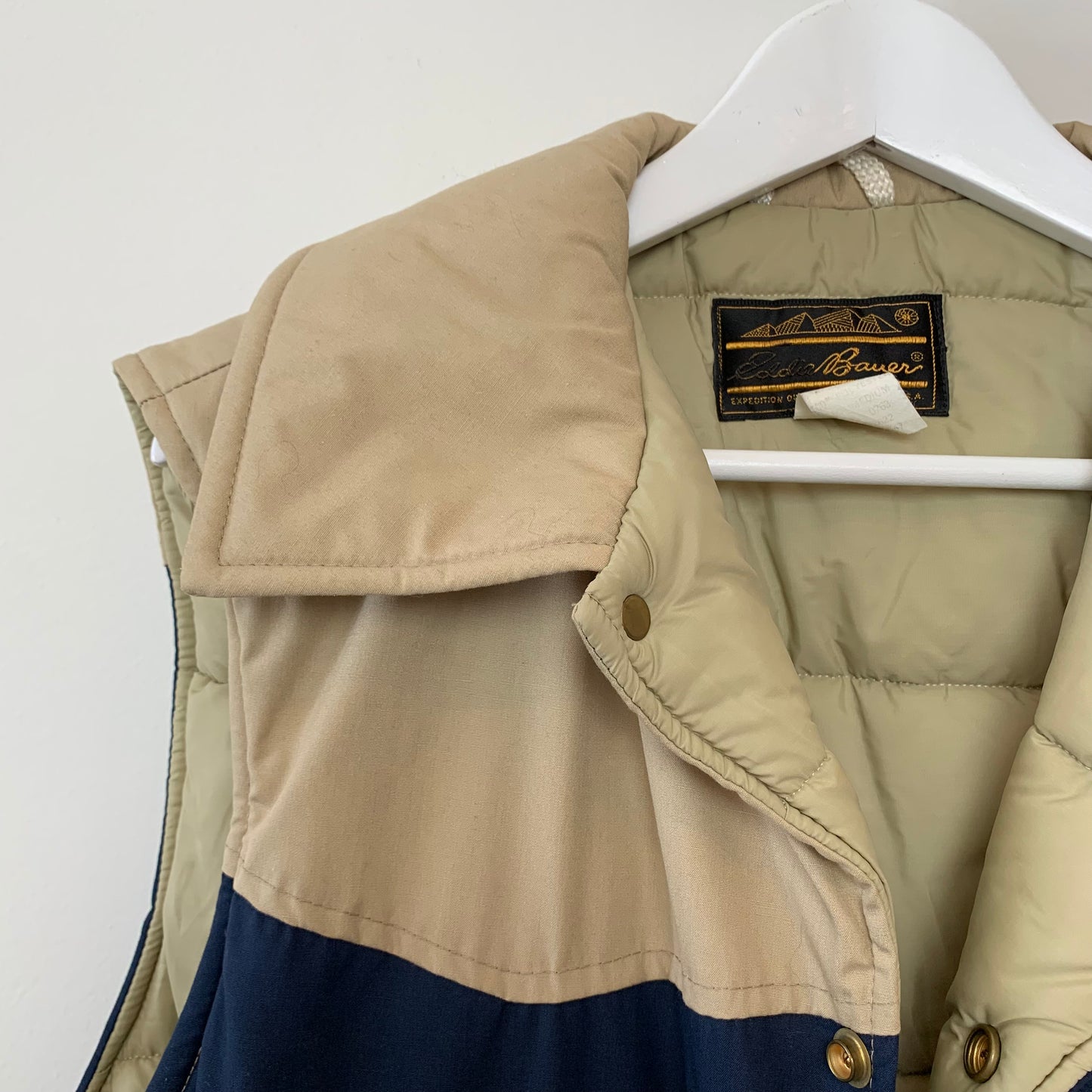 Vintage 80s Eddie Bauer Puffy Vest Tan Navy Blue Medium