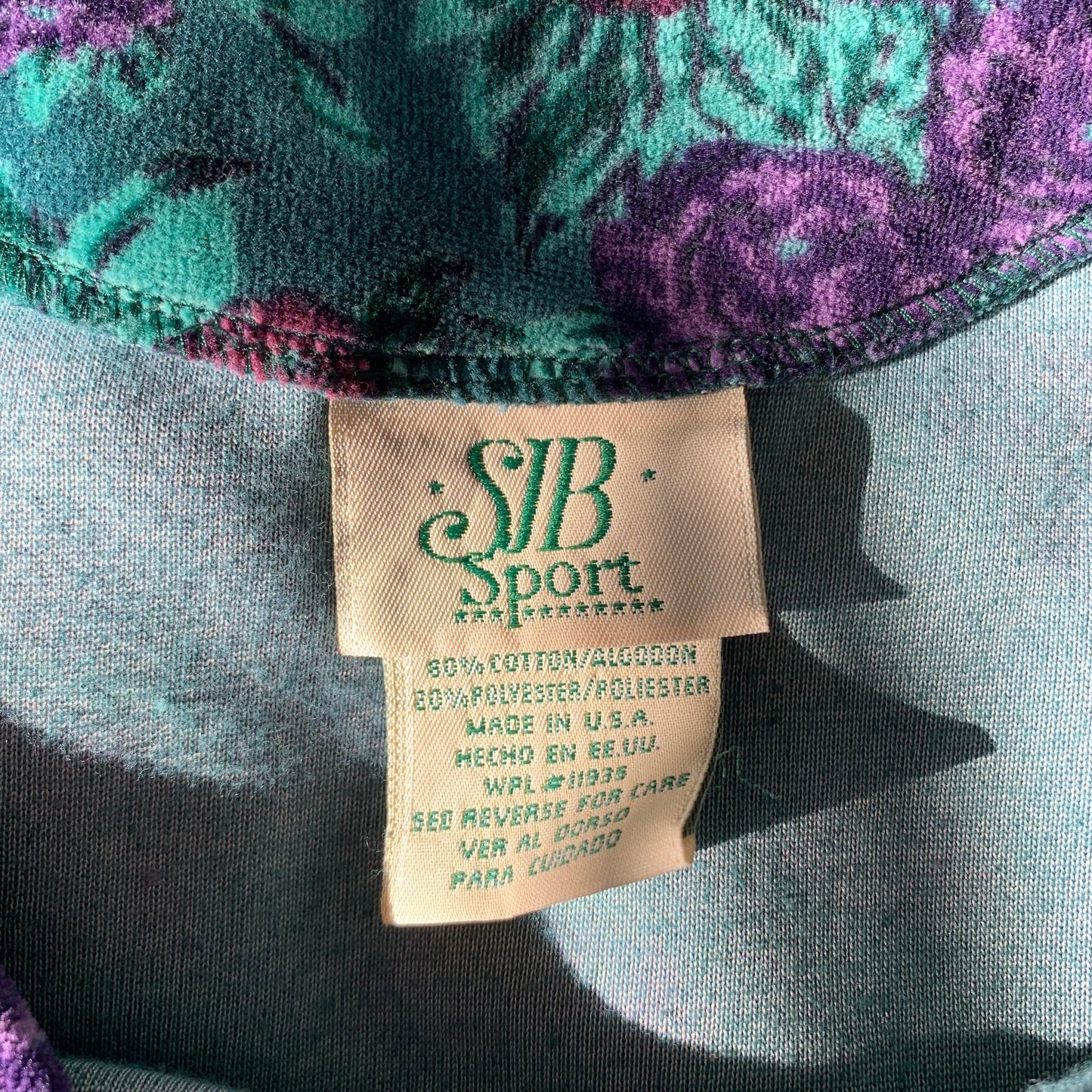 80s 90s SJB Sport Floral Velour Tunic Jewel Tone Size Small Green Blue Purple