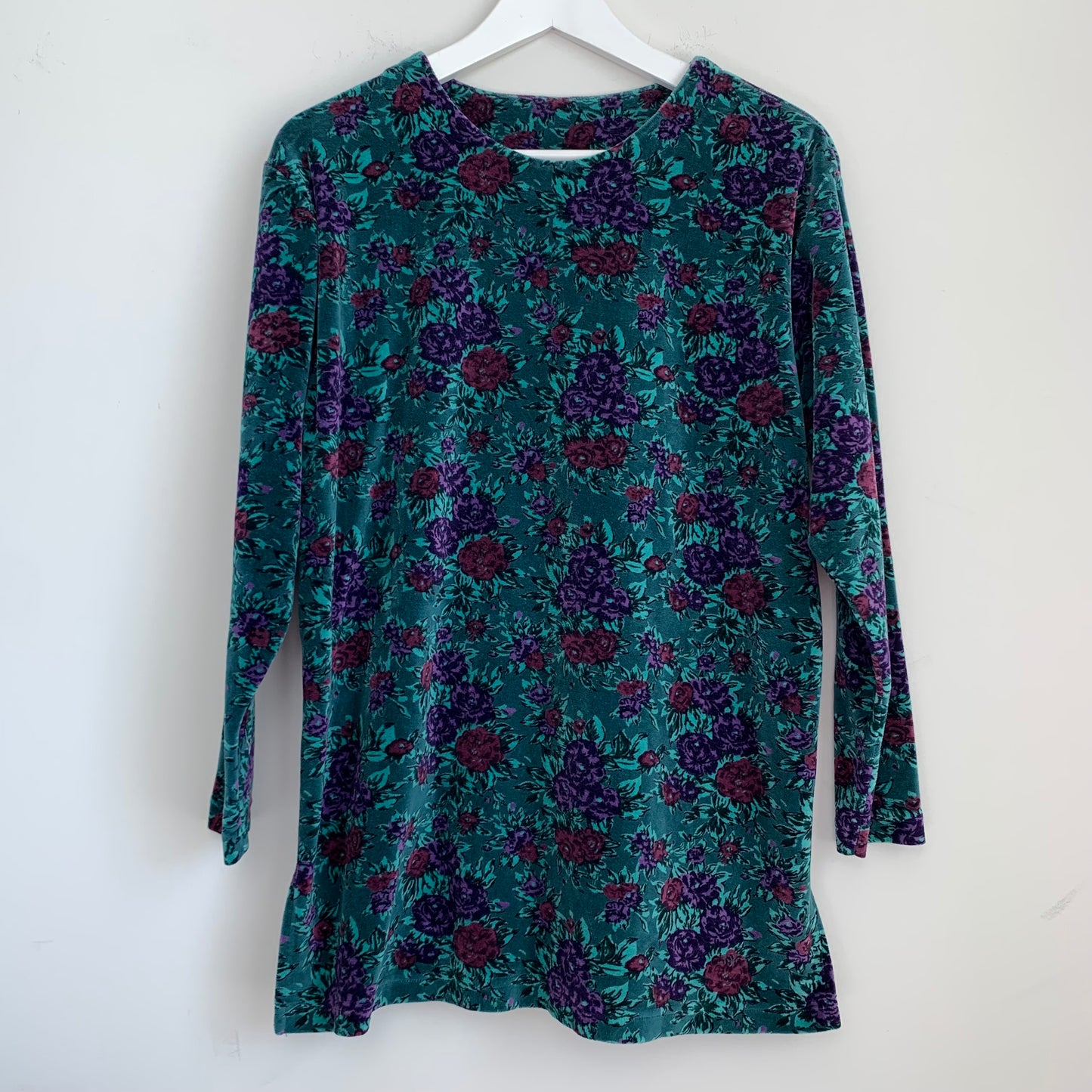 80s 90s SJB Sport Floral Velour Tunic Jewel Tone Size Small Green Blue Purple