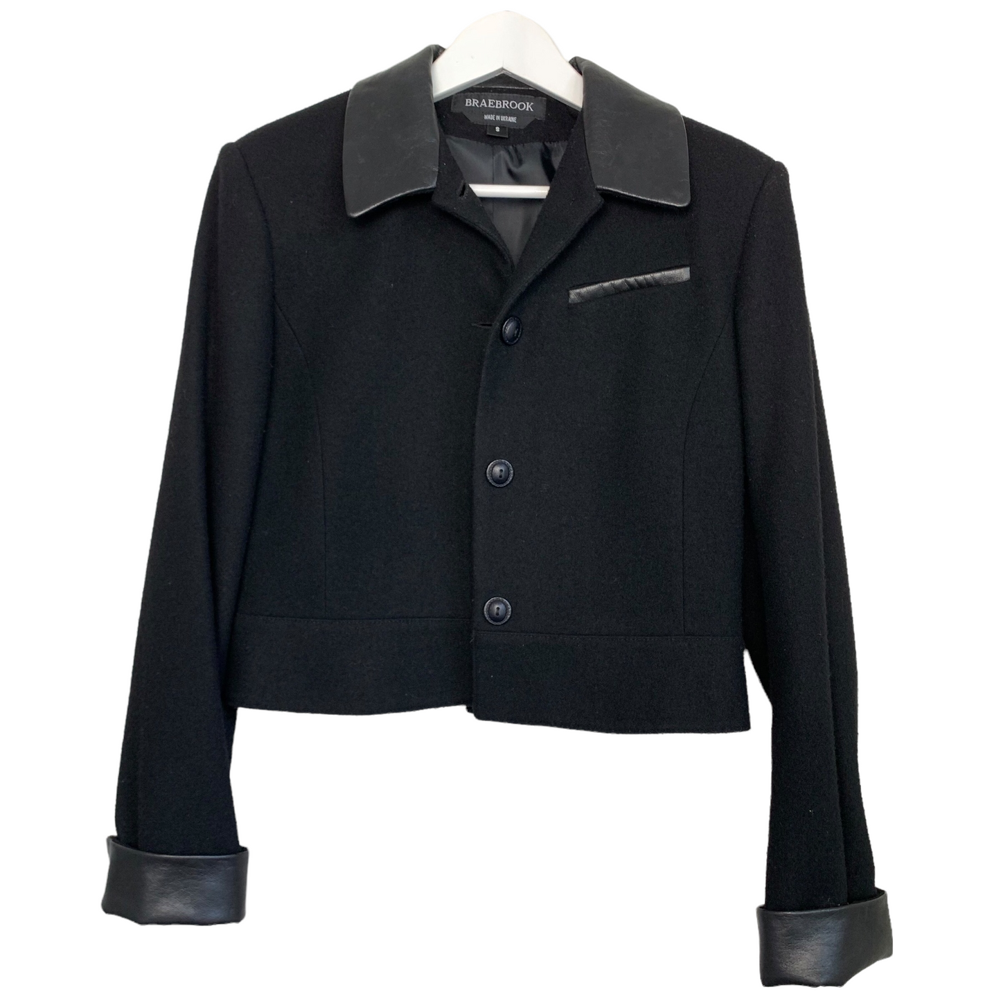 90s Braebrook Black Cropped Blazer Jacket Coat with Leather Collar and Trim Size Small