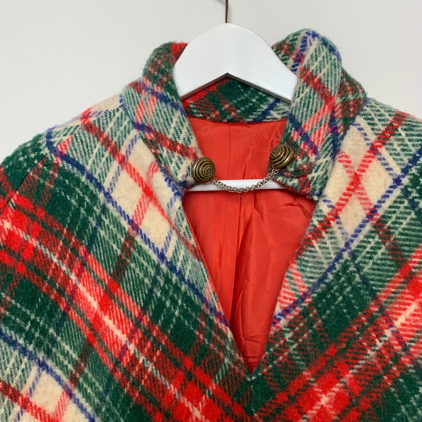 Vintage Poncho Cape Red Plaid Tartan Fringe