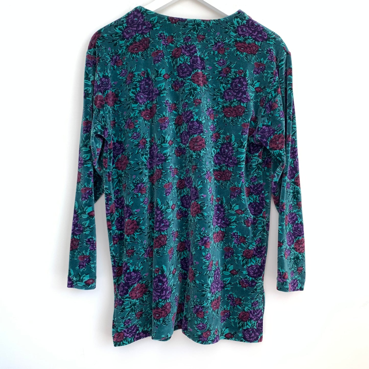 80s 90s SJB Sport Floral Velour Tunic Jewel Tone Size Small Green Blue Purple