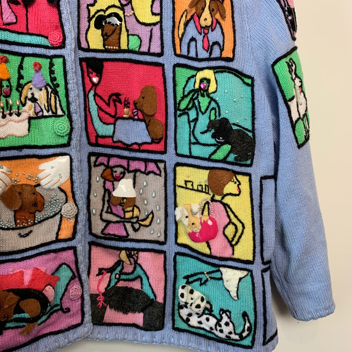 Y2K Vintage Michael Simon Dog Cardigan Sweater Embroidered Beaded Checkered Large