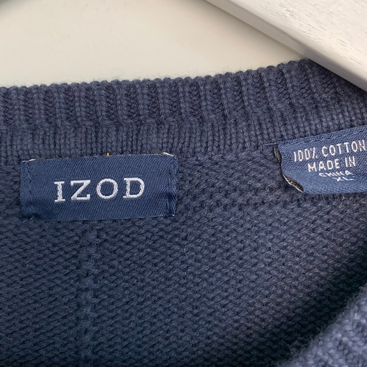 90s Izod Navy Blue Chunky Knit Grandpa Sweater Cotton Windowpane XL