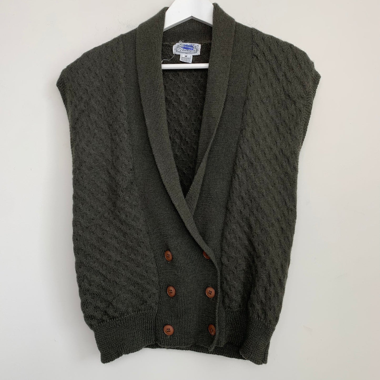 80s The Villager Wool Sweater Vest Double Breasted Wool Medium Olive Green