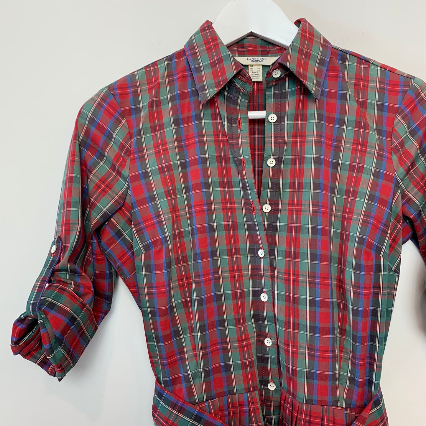 Lands' End Canvas Red Plaid Tartan Shirt Dress 0