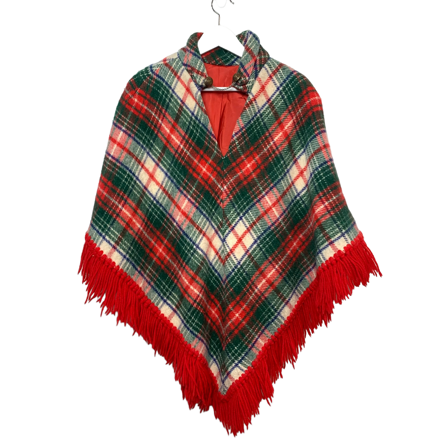 Vintage Poncho Cape Red Plaid Tartan Fringe