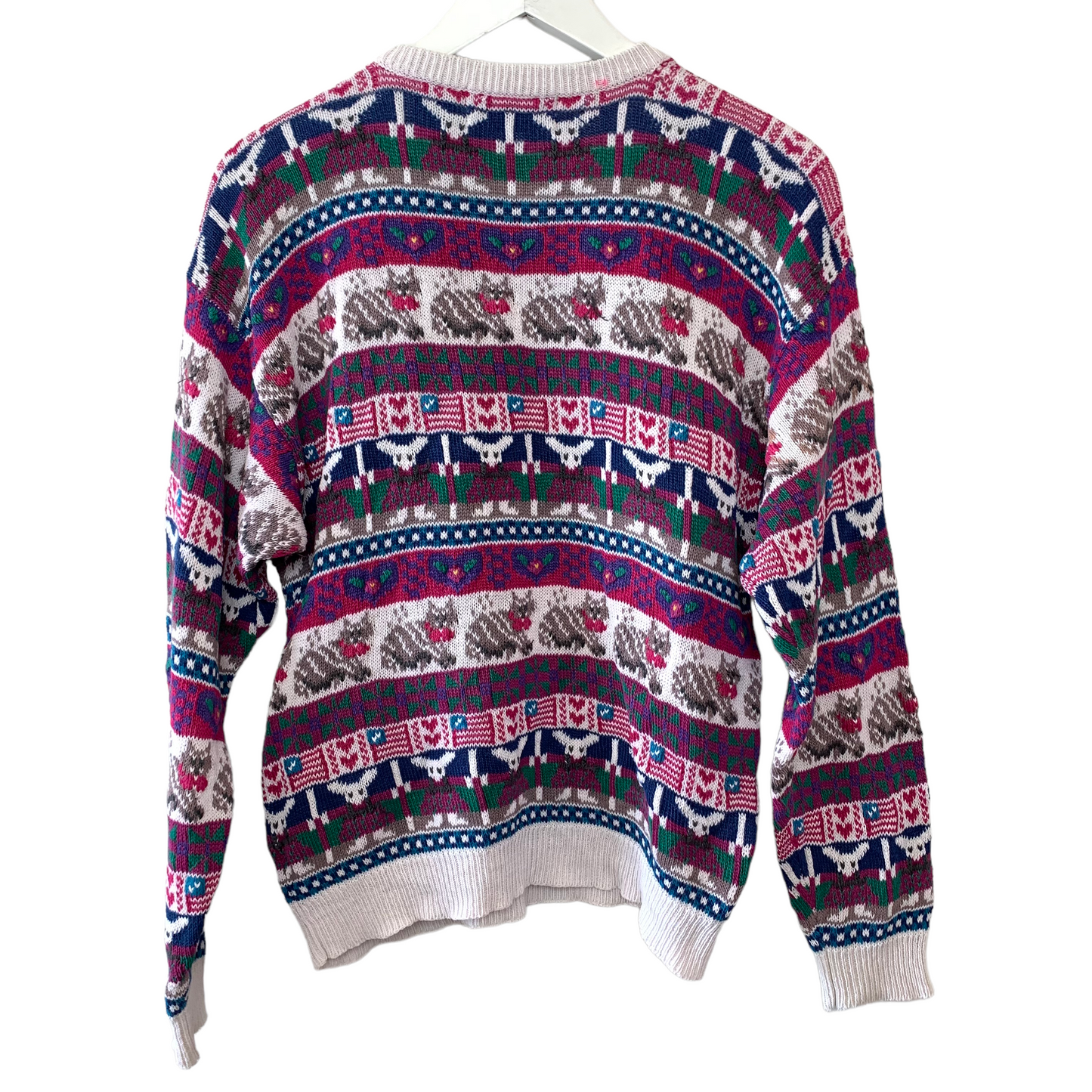 Vintage 90s Northern Isles Hand Embroidered Chunky Knit Sweater Cats, Flags, Hearts, Mouse Medium