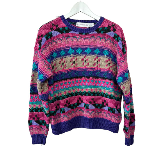 Vintage 90s Robert Scott Ltd. Chunky Knit Sweater Geometric Striped Purple Pink Large