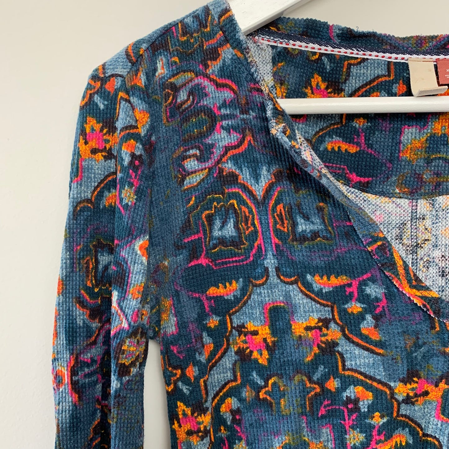 Anthropologie Pilcro Waffle Knit Thermal Top Jewel Tones and Raw Edge XS