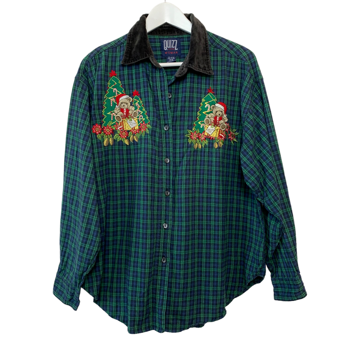 Vintage 90s Quizz Plaid Christmas Shirt Button Down Collared Shirt 14/16