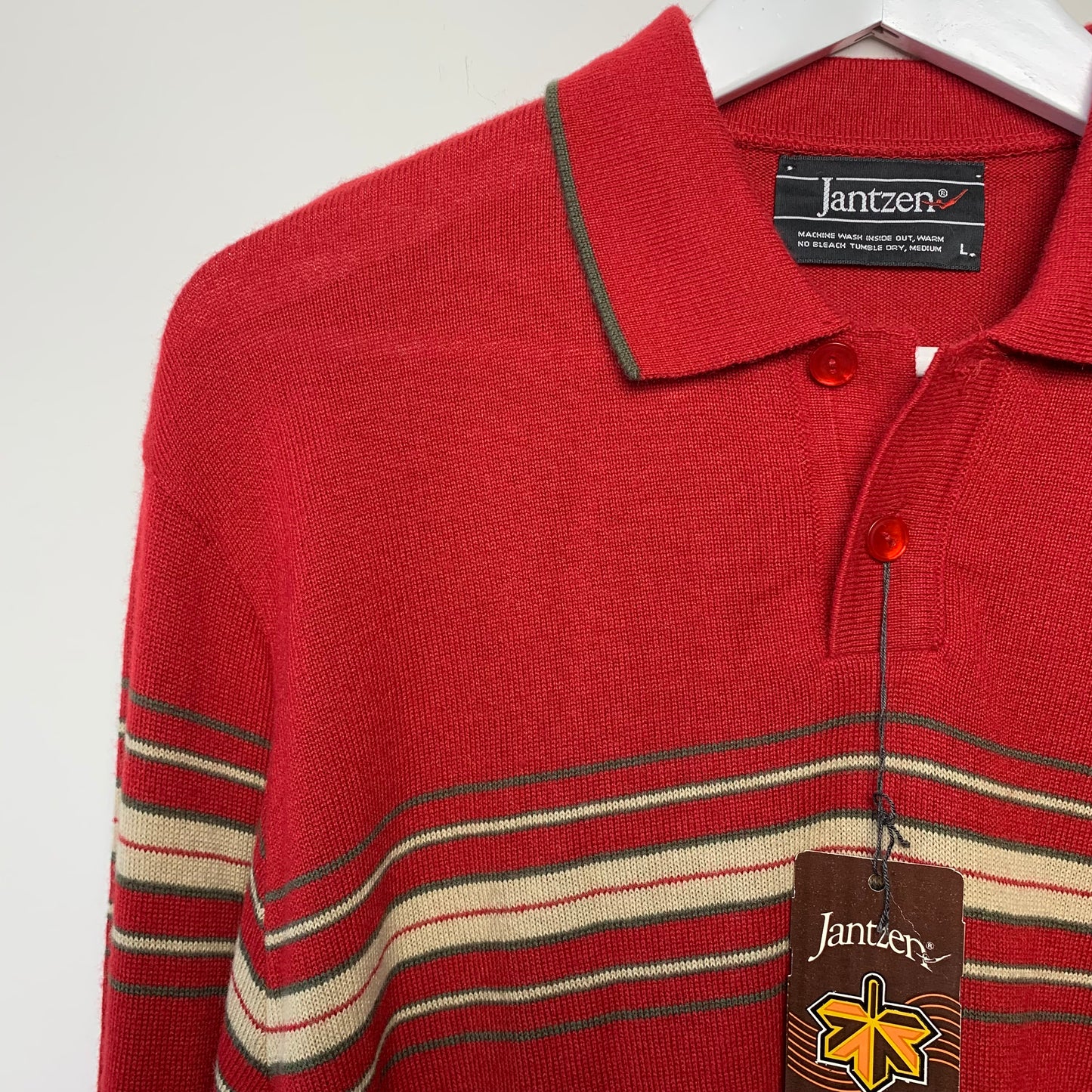 NWT 70s 80s Jantzen Red Polo Sweater with Stripes Large