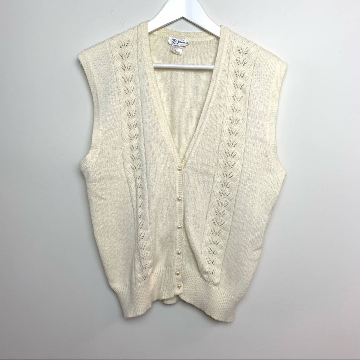 80s Tan F Jay Cream Knit Sweater Vest Pearl Buttons XL Grandpa Academia