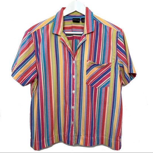 Vintage 90s Erika Rainbow Striped Short Sleeve Button Down Collared Shirt Large