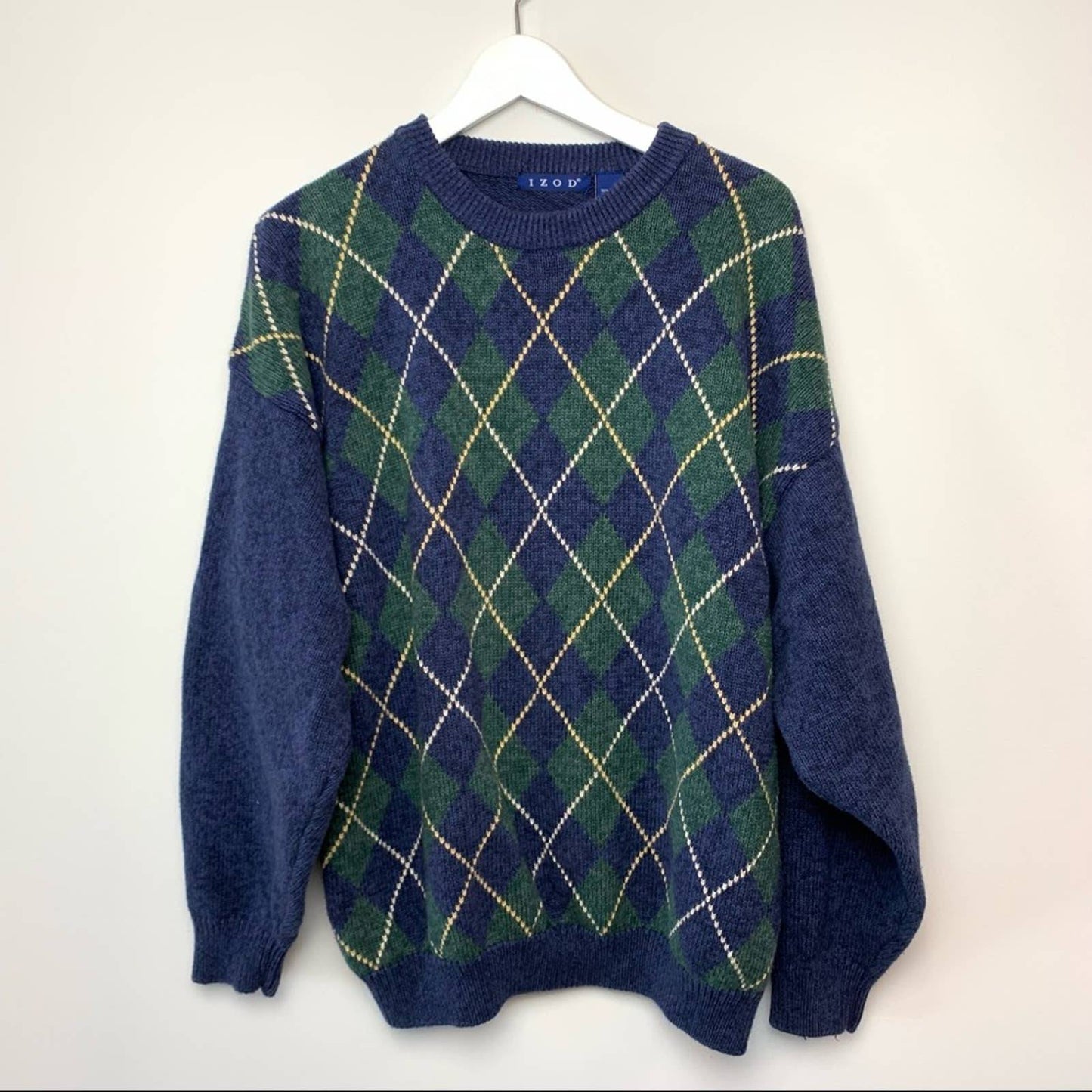 Vintage Izod 90s Argyle Chunky Knit Grandpa Sweater XL Cotton Oversized Blue